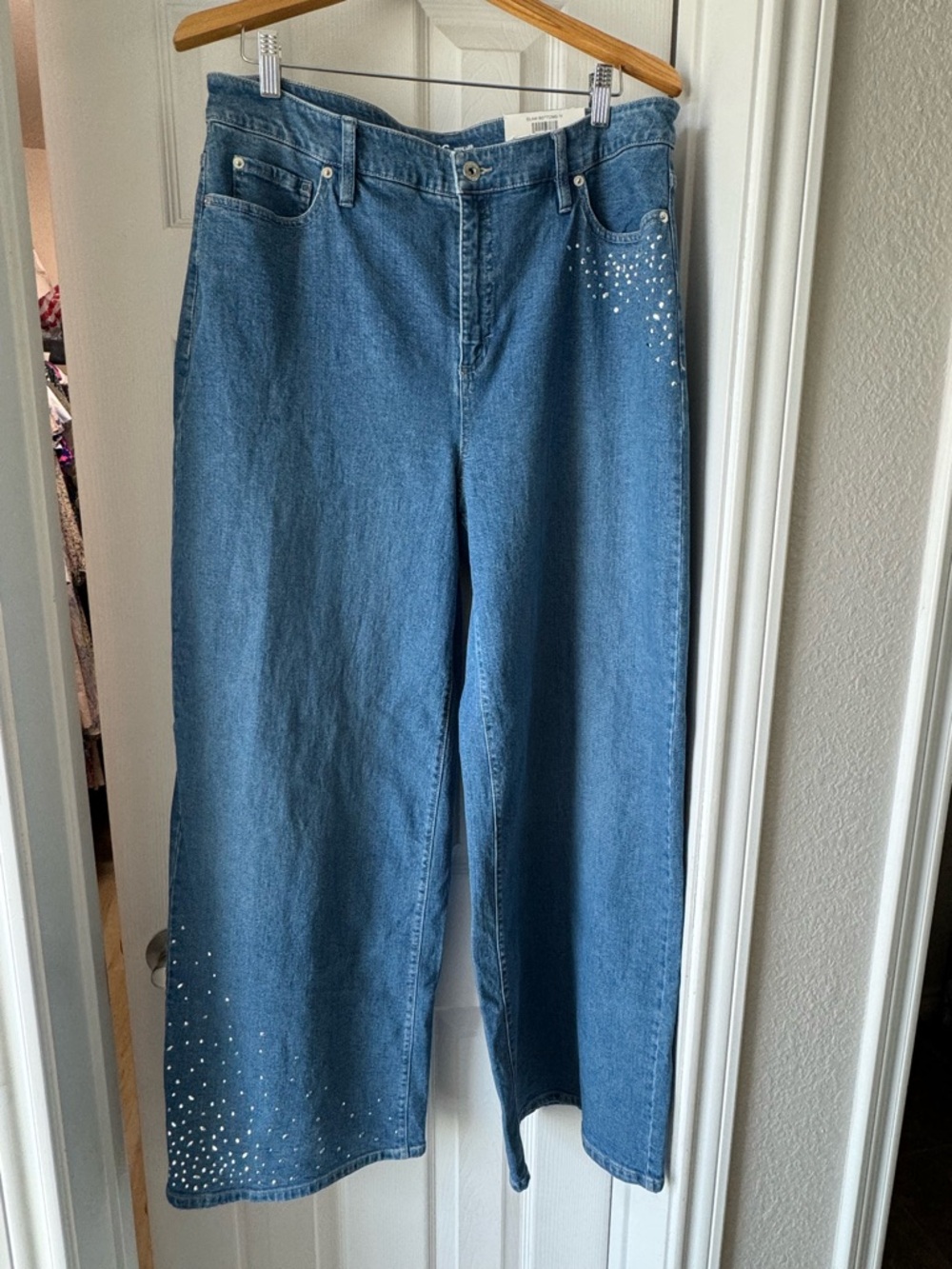 Wide Leg Blue Denim Jeans with Stud Detail
